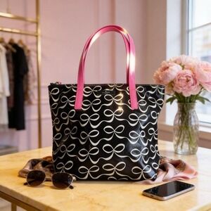 Kate Spade Black Pink White Ribbon Tote Handbag Purse Black & pink bow